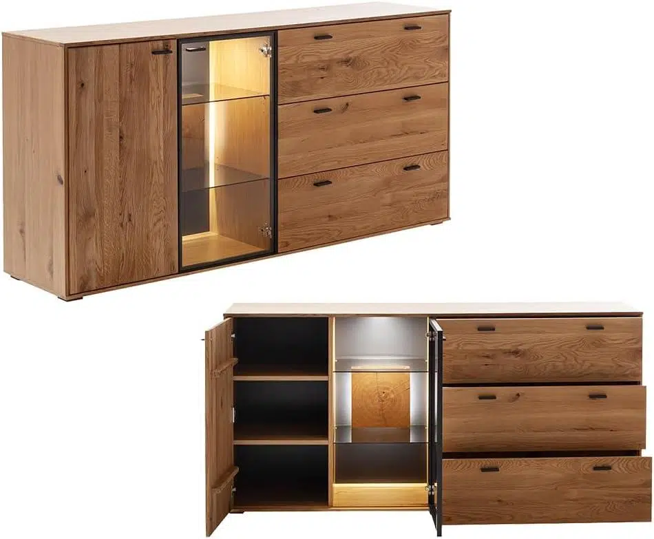 Sideboard Aus Wildeiche Mit Schwarzem Alurahmen Und Glasvitrine