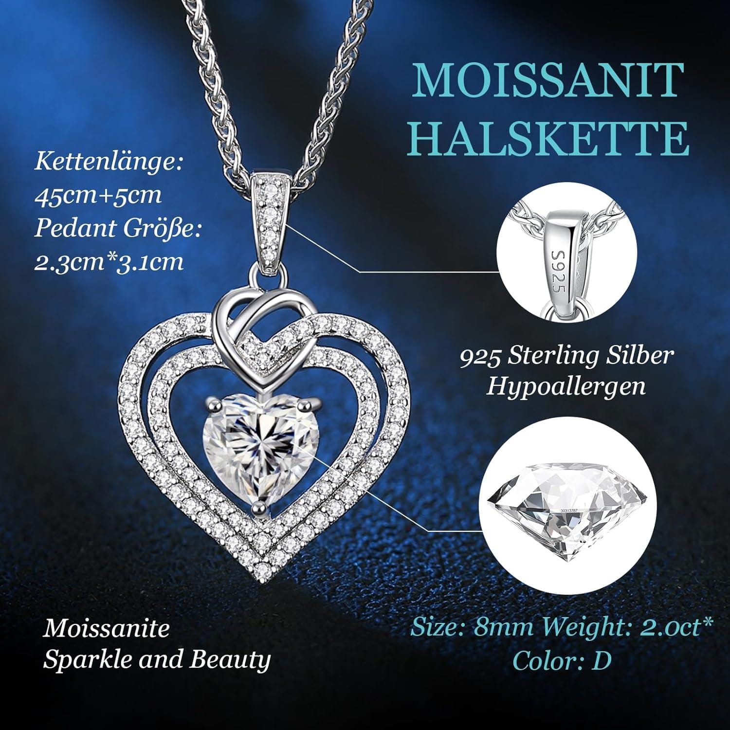CDE Moissanite Doppel Herz Halskette aus 925er Silber