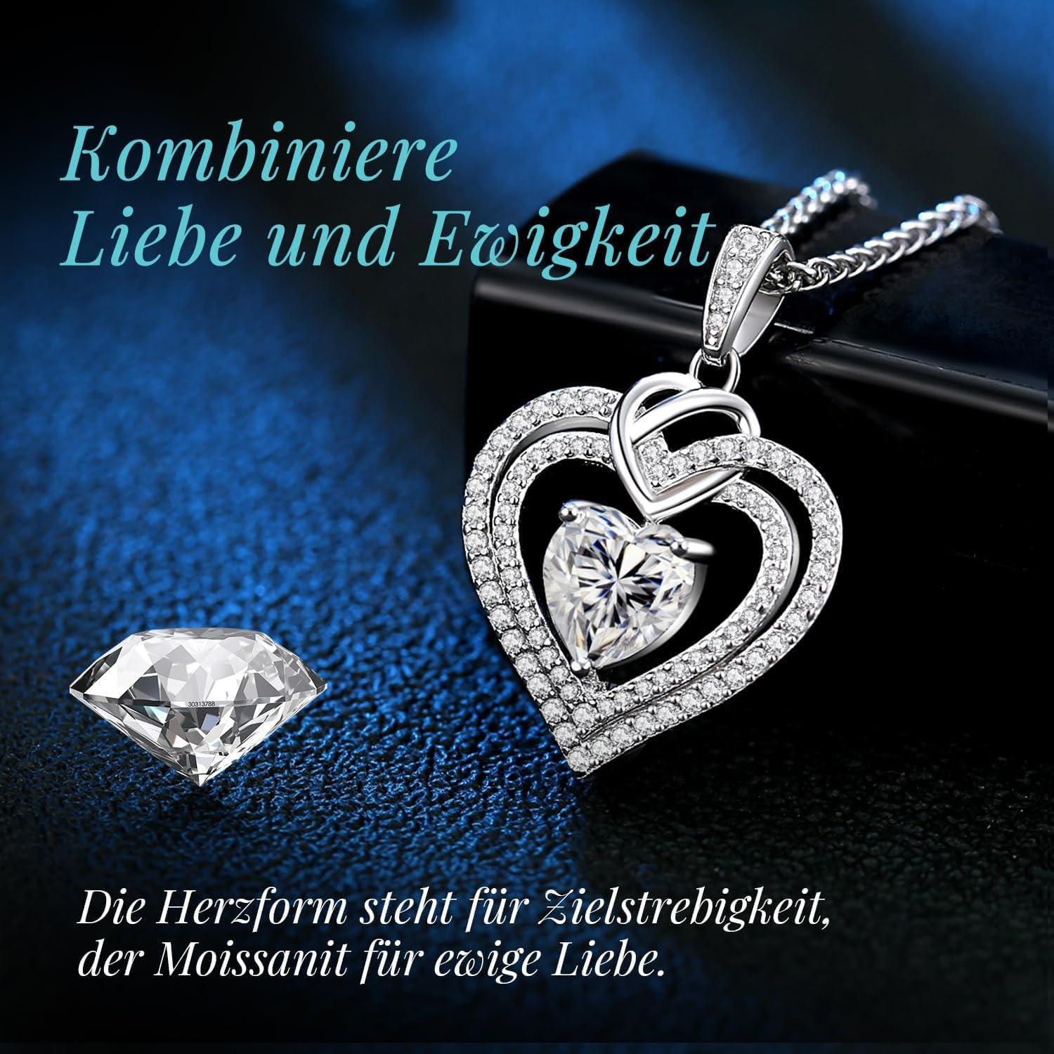 Detailaufnahme der Moissanite Doppel Herz Halskette – glitzernder VVS1 Stein