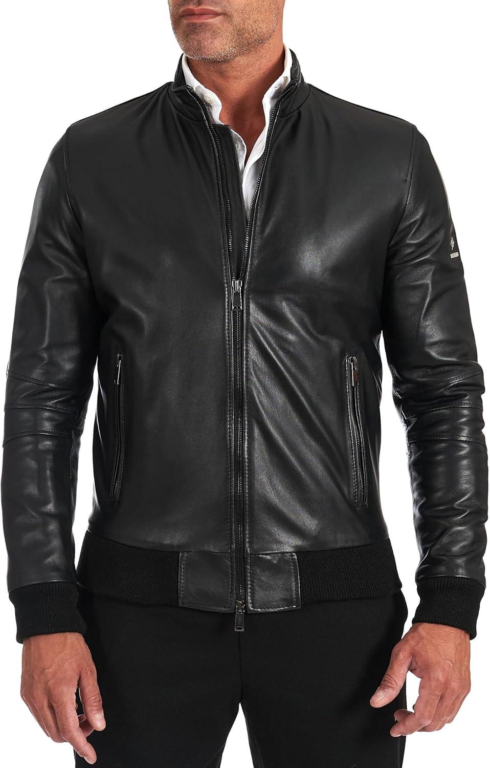 D'Arienzo Herren Bomberjacke aus echtem Leder – Made in Italy, Schwarz 3 Detailansicht Der D'Arienzo Bomberjacke Mit Koreanischem Kragen